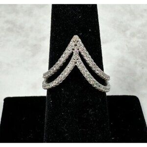 Silver Tone Double V Cubic Zirconia Ring - Size 7